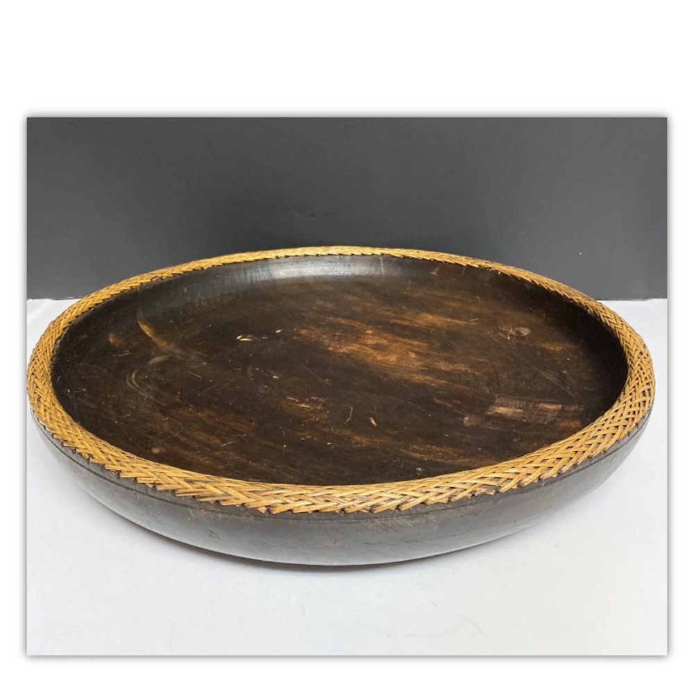 Vintage Hand Carved Lombok Indonesian 15”D Solid Wood Bowl Rattan Basket Rim - Picture 3 of 13
